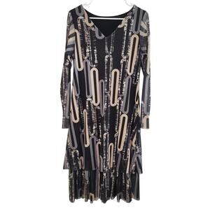 Krocco's Women's Layered Midi Dress Long Sleeve, Black Gray & Beige, Size M